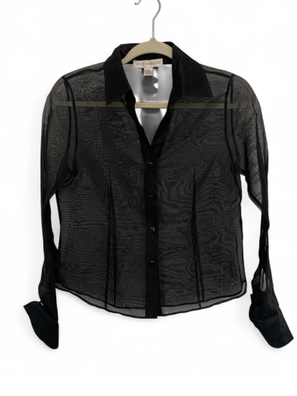 Vintage Petite Sophisticate Sheer Black Button-Down Long Sleeve Shirt